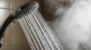 shower head and steam from hot water